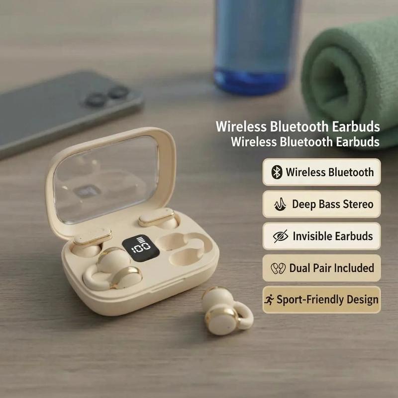 Fluffdrip Q10 2026 Wireless Earbuds 2 Pairs Clip-On Sleep TWS Couples Fashion Mini Headset Music Gaming Deep BassClip-on Sleep earbuds Stereo HD Calling  for Android iPhone Sports Earpieces tiny size invisible earbuds 2-in-1 wireless bluetooth twins