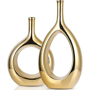 Glossy Gold Vase Ceramic Gold Vases Home Decor,Modern Minimalist Circle with Hole Decorative Vase, Hollow Ellipse Flower vases for Bookshelf, Fireplace Mantle, Centerpieces,Farmhouse,Rustic Décor