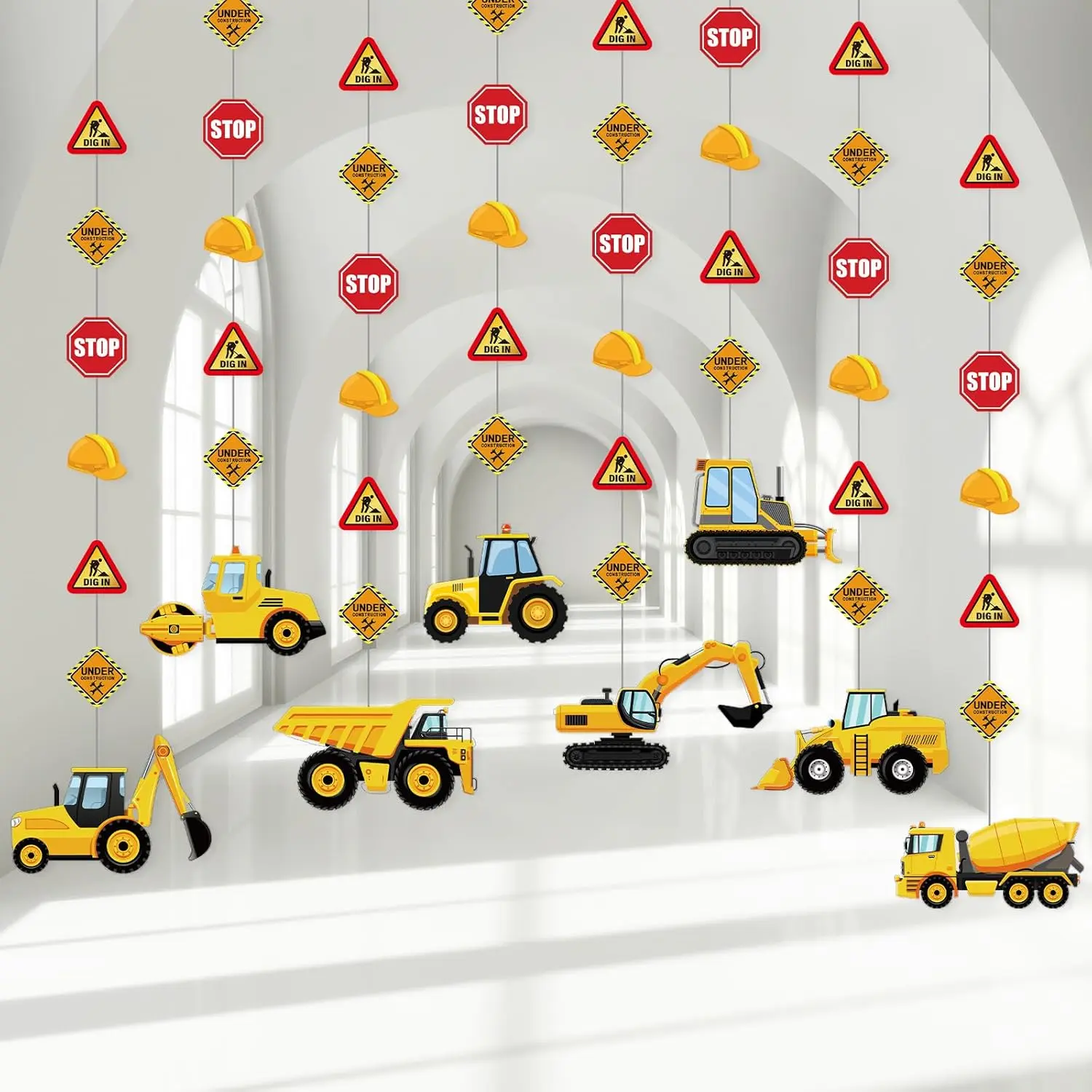 X-PSD05 8-Pack 39.4-Inch Pre-Strung Thick Paper Patchwork Construction Party Banner Ornaments - Traffic Zone Garland with Car Elements, Indoor/Outdoor Decor for Kids' Dump Truck Birthday, Ceremony Supplies