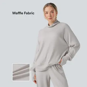 Halara High-neck Long Sleeve Thumb Holes Oversized Waffle Casual Sweatshirt with Pockets