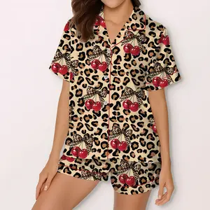 Leopard Satin Pajamas Set, Womens Satin Pajamas, Animal Print Pyjamas Set, Silk Leopard Tropical Pattern Loungewear, Women Matching Pajamas