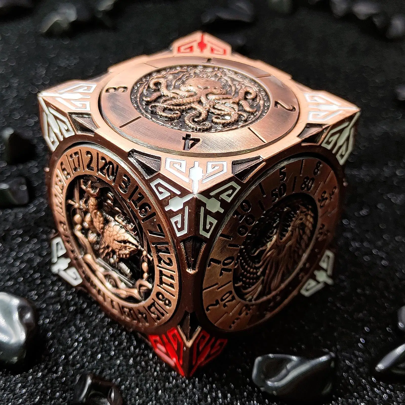 YEMEKO 7-in-1 DND Dice Cube -Metal Spinner with Dragon Design Epic Gift for RPG Players Collectors Premium Quality Brass Electroplated Durable Long L
