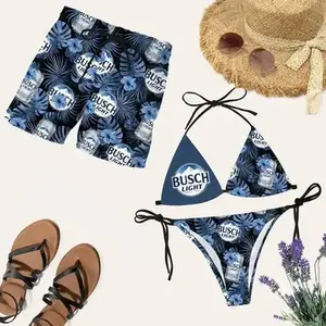 Busch Tropical Forest Matching Couple Swimsuit Set – Beer Lover Bikini & Men’s Swim Trunks, Summer Hawaii Outfit, Honeymoon Beachwear