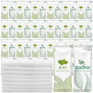 50 Pcs Moist Towelettes Individually Wrapped Scented Disposable Face Towels Oil Infused Moist Terry Cotton for Use Hot or Cold Travel Body Spa(Mint, Eucalyptus Leaves)