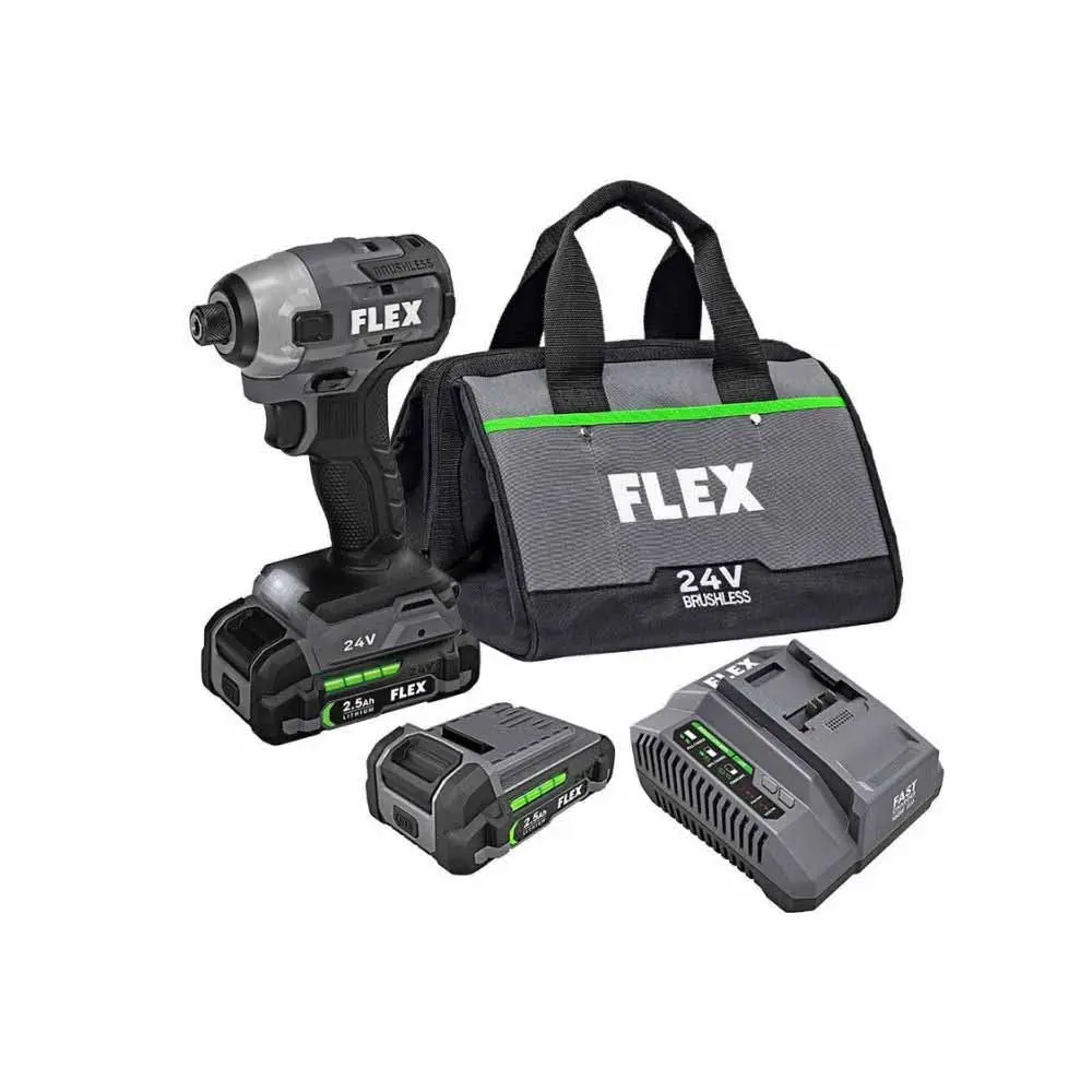 Flex FX1351-2A 24V Brushless Motor Impact Driver Kit - 160W, 1/4-in. Hex, LED Light, Lithium-Ion Batteries, Chargers, Bit Holder, Belt Clip
