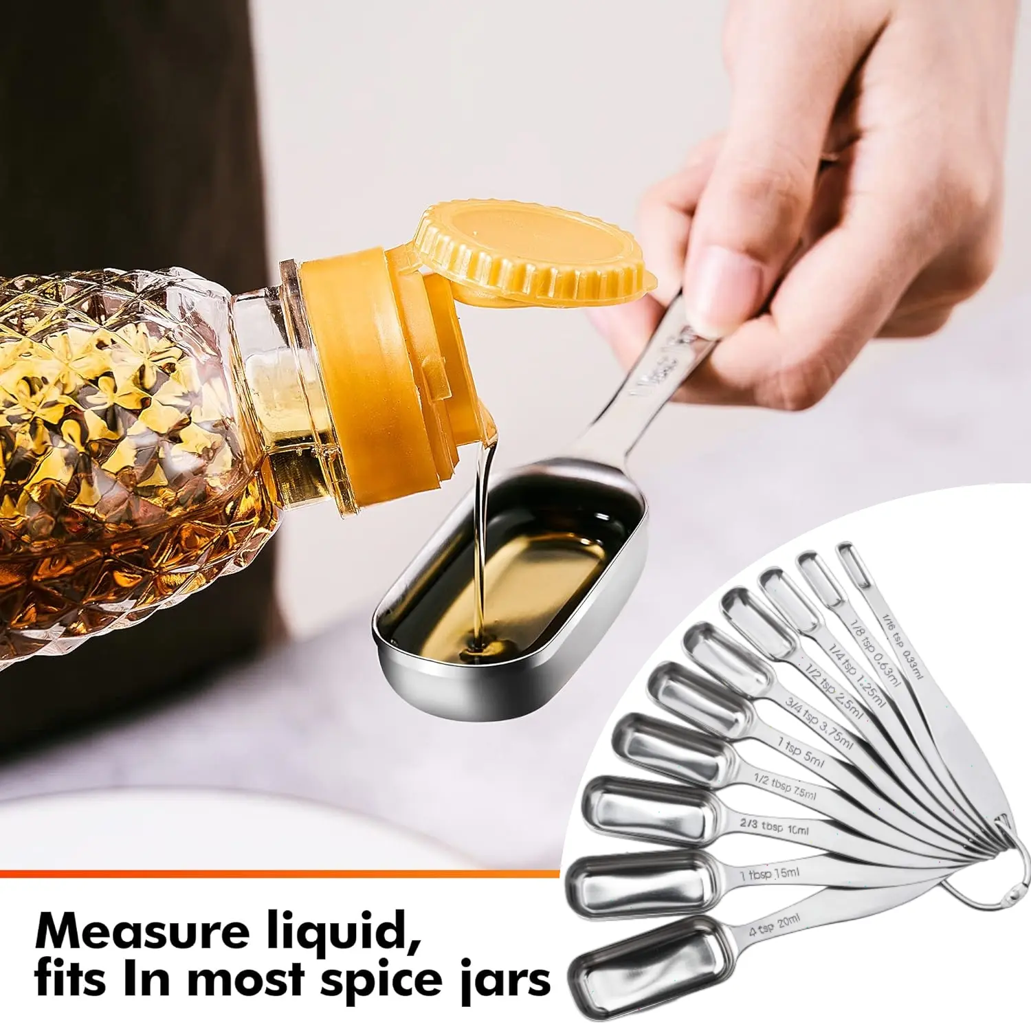 Thick 10-Piece Stainless Steel Kitchen Measuring Spoons Set, Reusable Rectangular Utensils with Easy-to-Read Etched Markings, Slim Design for Narrow Spice Jars, Heavy-Duty Build & Removable Clasp