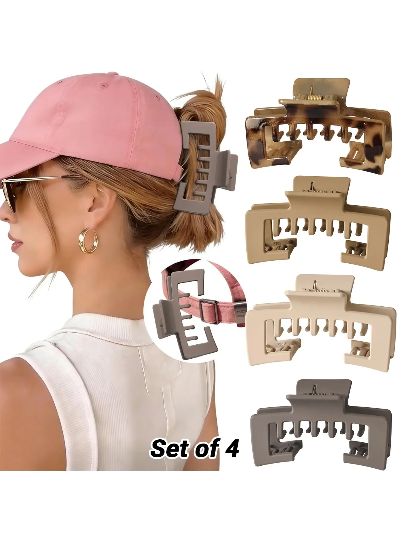4 PCS Large Hair Clips for Baseball Cap, Non-Slip Strong Hold Claw Clips for ClipCouture Big Hair 4” Large Claw Hair Clips 4 inch Nonslip  main image 4