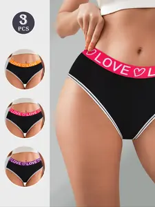 QUASTI Women's Mid Rise Love Letter Print Panties 3 Pcs – Soft Breathable Stretch Fit Briefs with Repeated "LOVE" Pattern, Sporty Comfort for Yoga, Date Night & Everyday Wear, Romantic Gift for Her (XS-XXL) Underwear