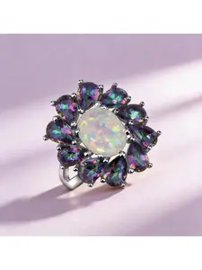 Luxury Floral Rainbow Stone & White Opal Birthstone Rings For Women Fashion Vintage Jewelry Christmas Wedding Gift for Lovers