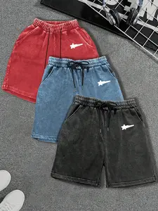 Men's New Street Style American Casual Solid Color Star Small Logo Print Washed Snowflake Shorts 3 Pack, Fashionable Daily Wear