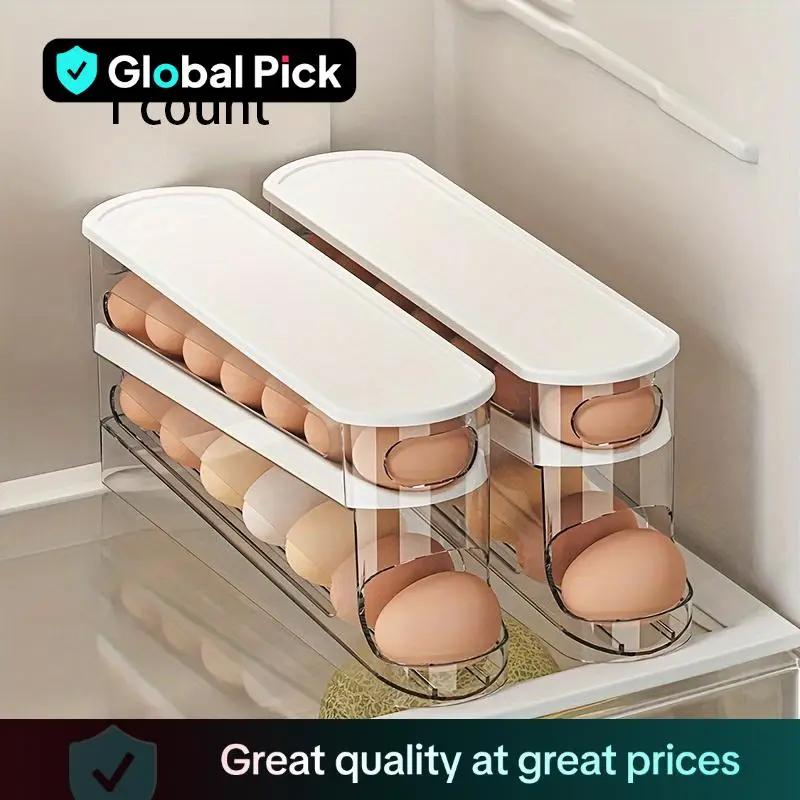 Clear Egg Storage Box, 1 Count Space Saving Rolling Egg Holder, Durable Plastic Egg Organizer for Refrigerator, Kitchen Accessories, Stackable Fridge