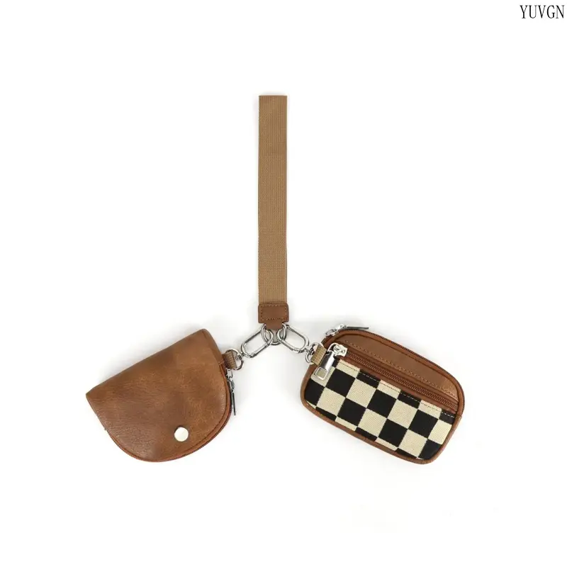 Checkerboard Pattern Short Wallet for Women, 2 in 1 Detachable Keychain Wristlet, Zipper Card Holder Organizer, Trendy Versatile PU Leather Mini Purse, Lightweight Portable Coin Pocket Wallet for Daily Commute Shopping Casual Use,