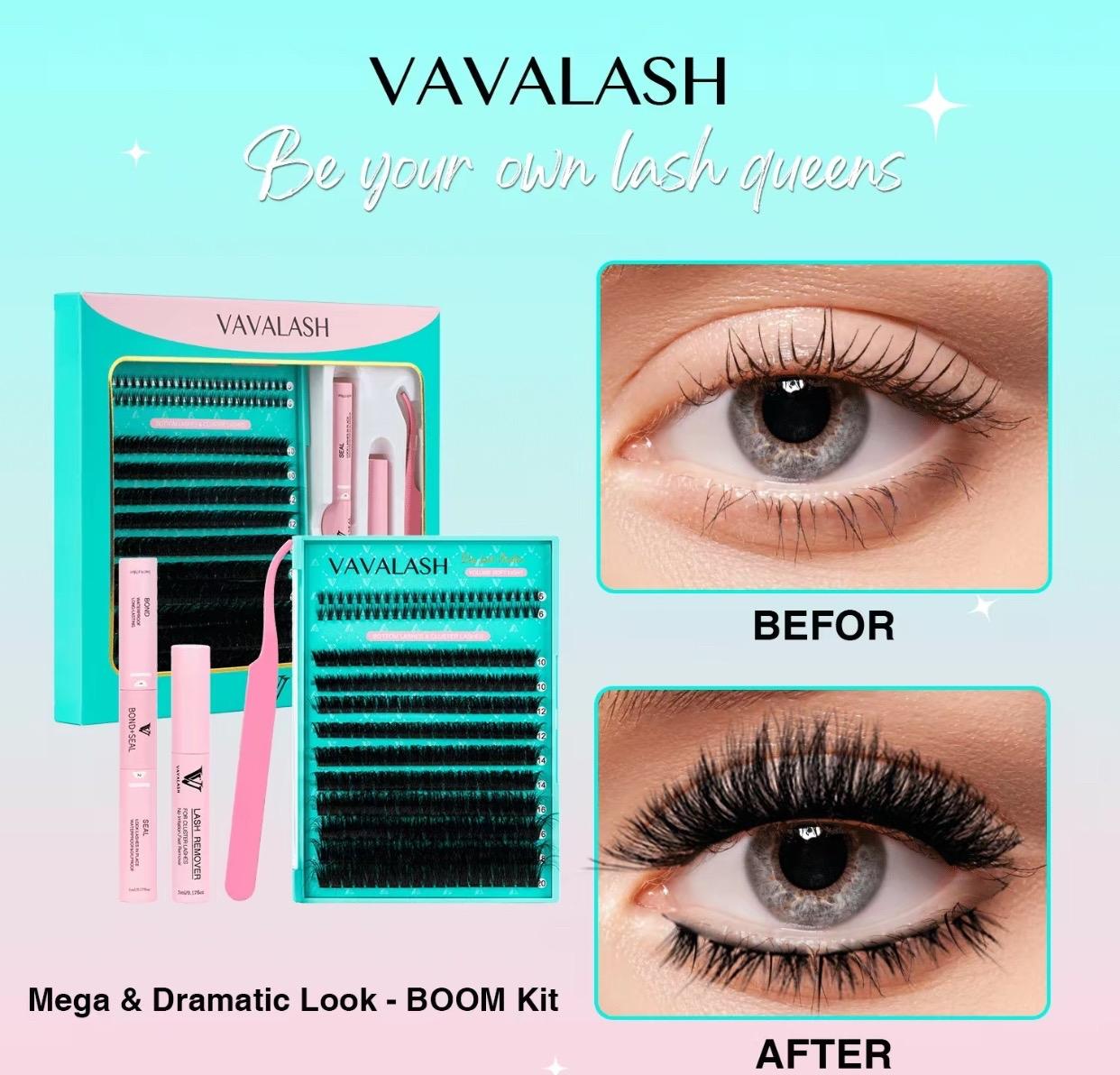 VAVALASH Beauty DIY Lash Extension Misty Boom Kit Clusters 10-16mm PBT Silk Fiber Light and Soft with Bond & Seal for Cat Eye Styles