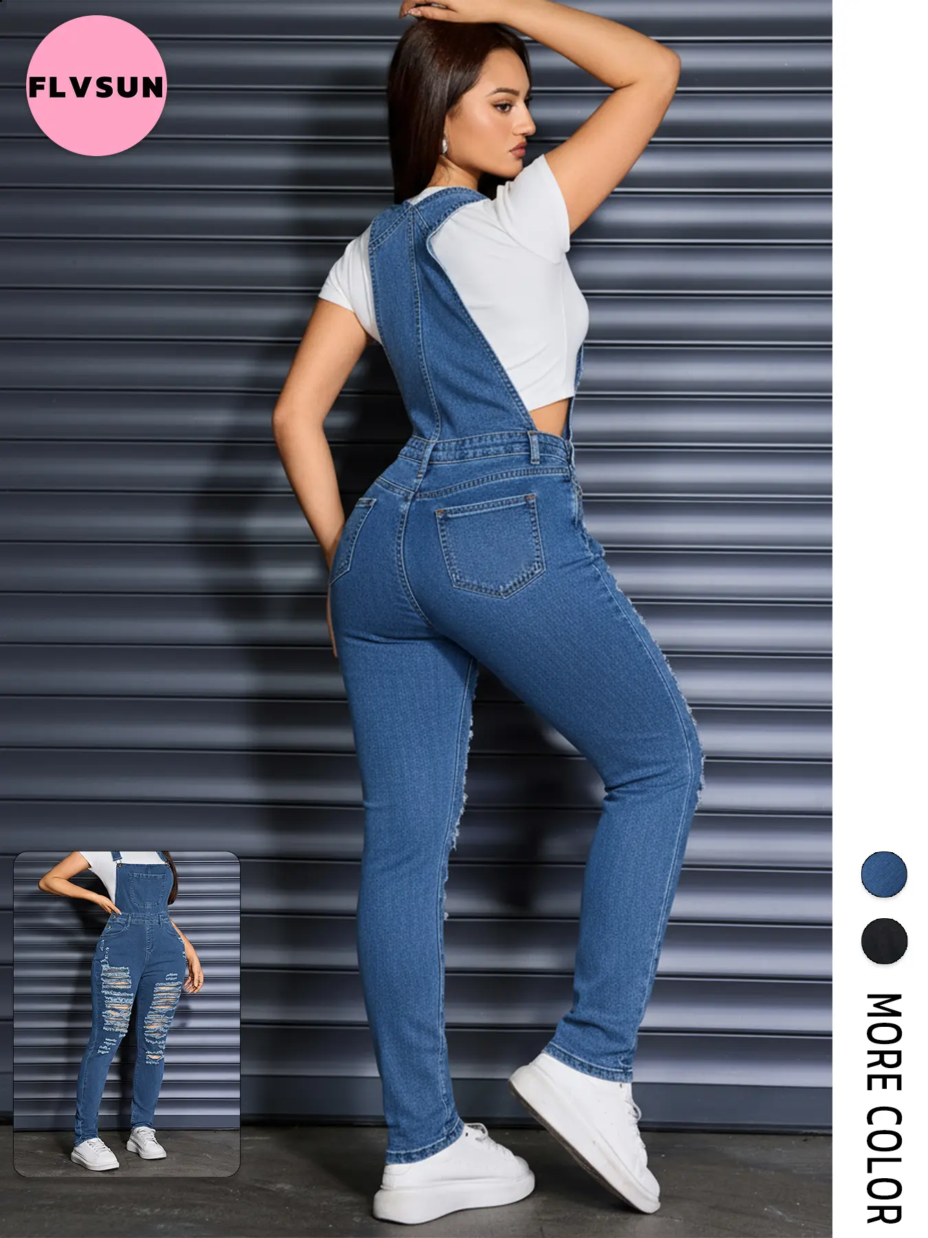 Flvsun Women's Sleeveless Stretch Polyester Denim Bib Overalls - Slim-Fitting, Ankle-Length, Plain, Ripped, Adjustable Strap-Buckle, 5-Pocket, All-Season, 90s Casual Curve-Flattering Jumpsuit