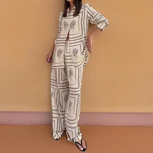 2026 European and American women's clothing, new spring models, casual printing long-sleeved shirt wide-leg pants fashion suit