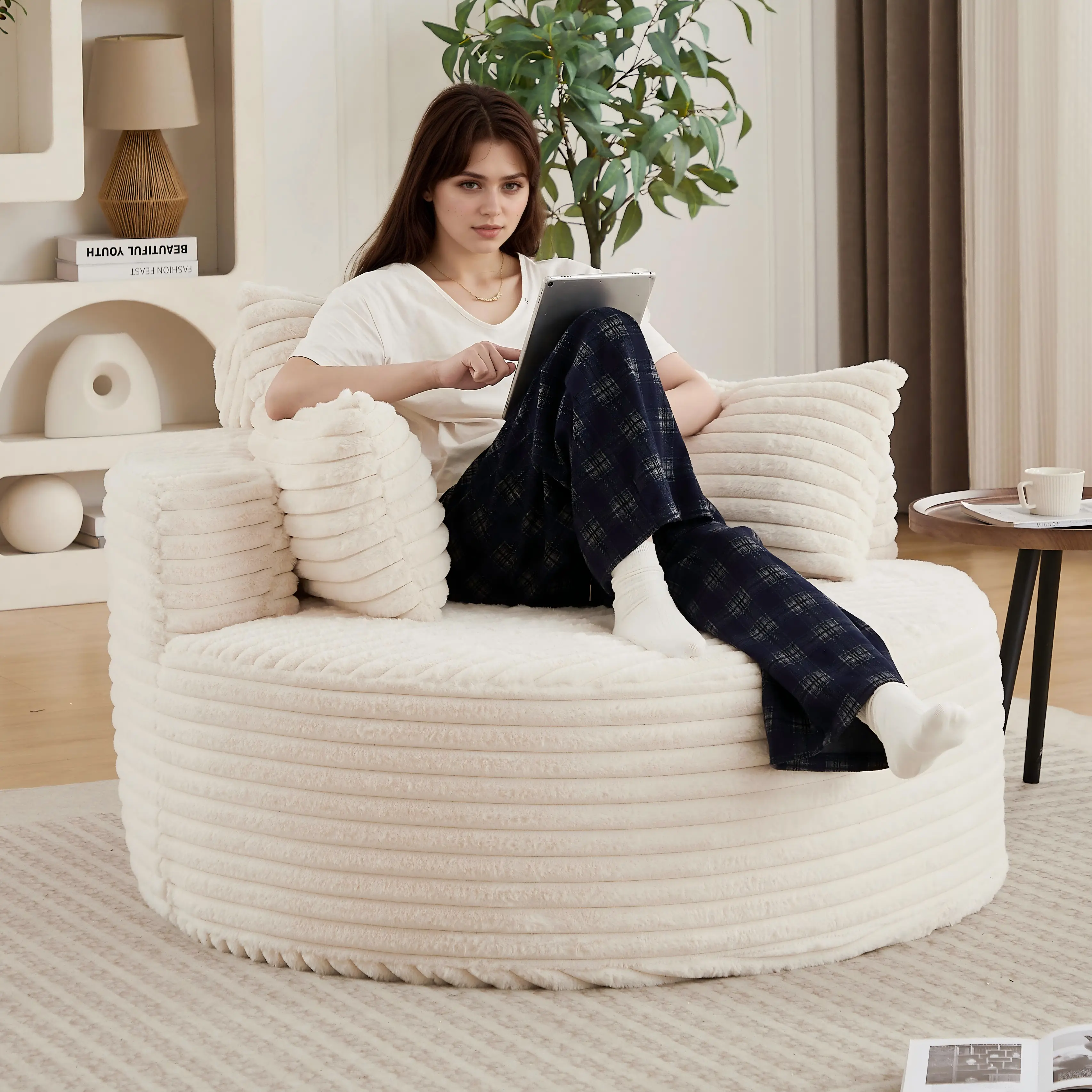 Eyisean 50" Oversized Round Chair Lounge Chaise Indoor, Corduroy Deep Seat Single Cloud Lounge Floor Sofa Chair, Fluffy Modern Large Circle Chair, Boneless Sleeper Sofa for Reading, Living Room, Bedroom