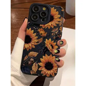 Flower 1pc Sunflower Pattern Matte Anti-Fall TPU Black Lens Protective Phone Case, Compatible With IPhone & Galaxy Models Including IPhone 13, 14, 15, 16 Pro Max And Plus, Galaxy Series