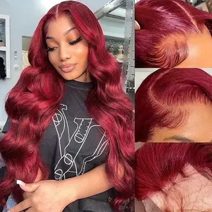 Red 99J Body Wave Human Hair Wigs Burgundy HD 13X6 Lace Frontal Wigs 180% Density Colored Lace Front Human Hair Wigs For Women