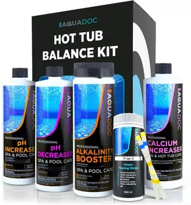 AquaDoc Hot Tub Water Balance Kit with pH Increaser, pH Decreaser, Alkalinity & Calcium Increaser, 100 Test Strips - Hot Tub Chemicals Starter Kit Compatible with Chlorine & Bromine - Made in USA