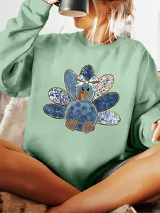 Women's Blue Denim Turkey Print Sweatshirt, Casual Loose Fit Long Sleeve Round Neck Top, Fall & Winter Fashion, Ladies Clothing