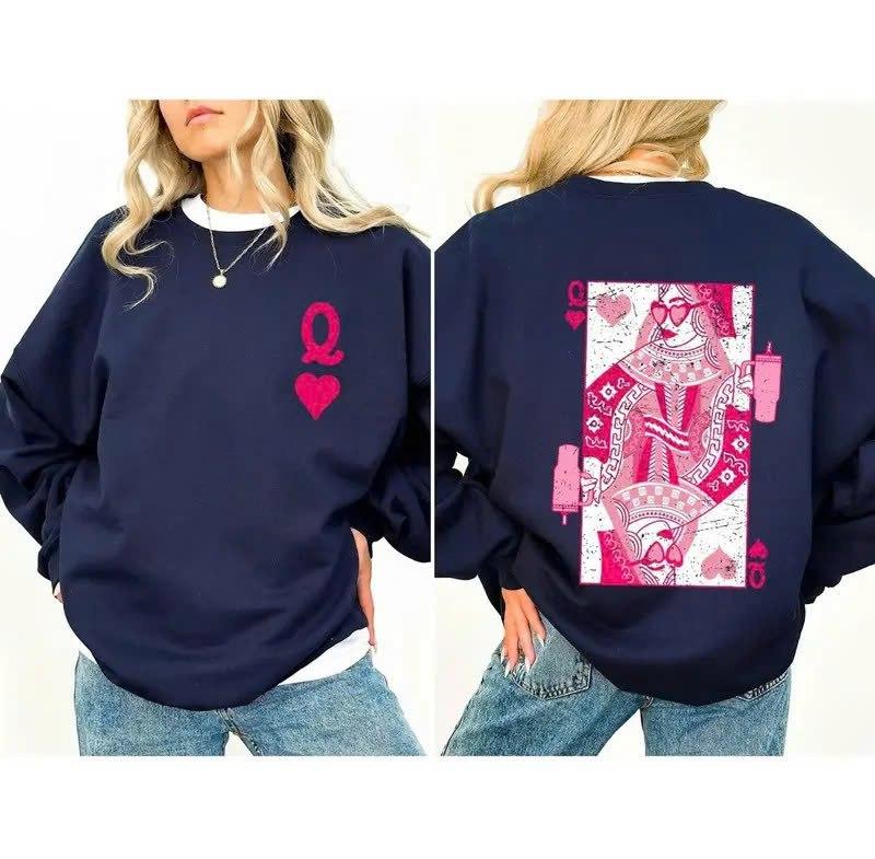 Queen of Hearts Sweatshirt, Card Game Graphic Crewneck, Valentine’s Day Outfit, Playing Cards Design Sweater, Cute Romantic Gift, Trendy Unisex Sweatshirt