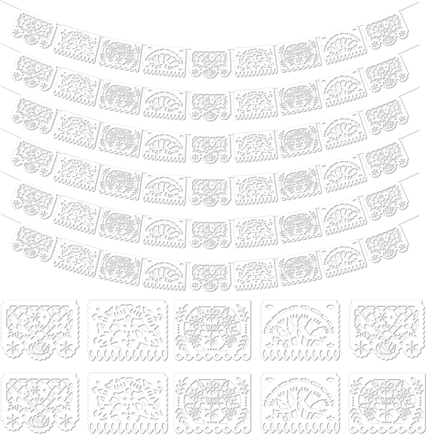 Mexican Fiesta Papel Picado Banner 6 Pack White Papel Picado Banner for Mexico Party Wedding Cinco De Mayo Dia De Los Muertos Decoration Papel Picado Mexican for Decor