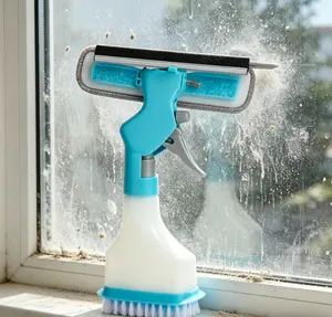 4-in-1 Window Cleaning Tool with Spray Squeegee & Scrubber - All-in-One No-Streak Glass Cleaner for Home, Bathroom & Office Use