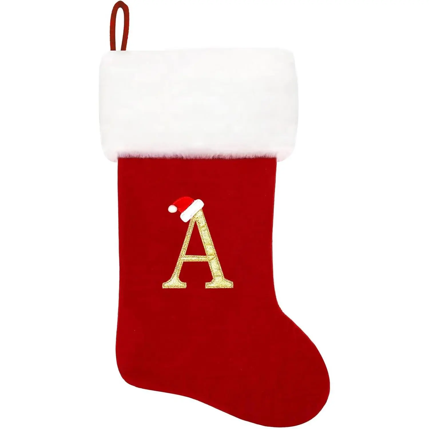 20-Inch Red Velvet Christmas Stocking with White Super Soft Plush Cuff, Embroidered Letter A, Personalized Classic Decoration for Family Holiday Home Festive Supplies