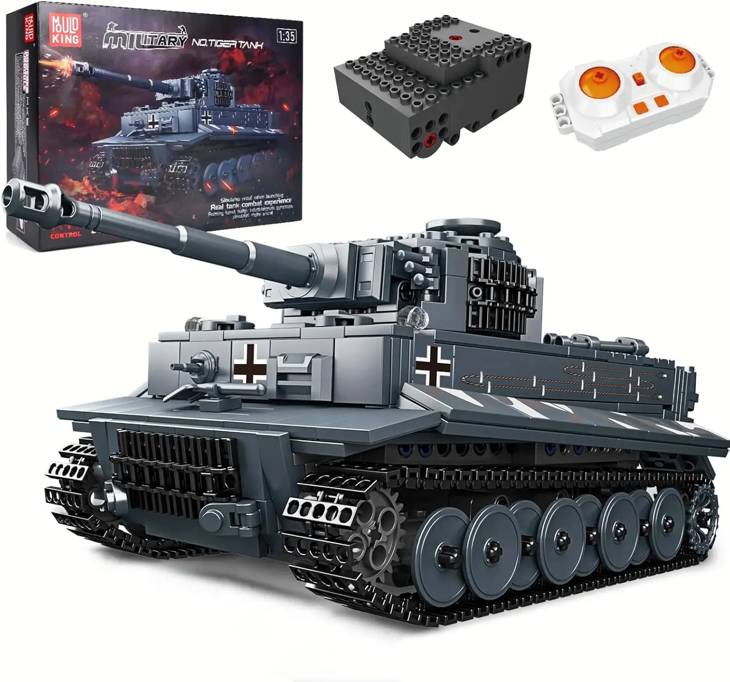 Mould King 20014 RC Tiger Tank MOC Military Vehicle Model Kits, Large Brick Assembly Model Building Kits, Remote-Controlled STEM Toy for Kids, Unisex Easy-Assembly Construction Blocks
