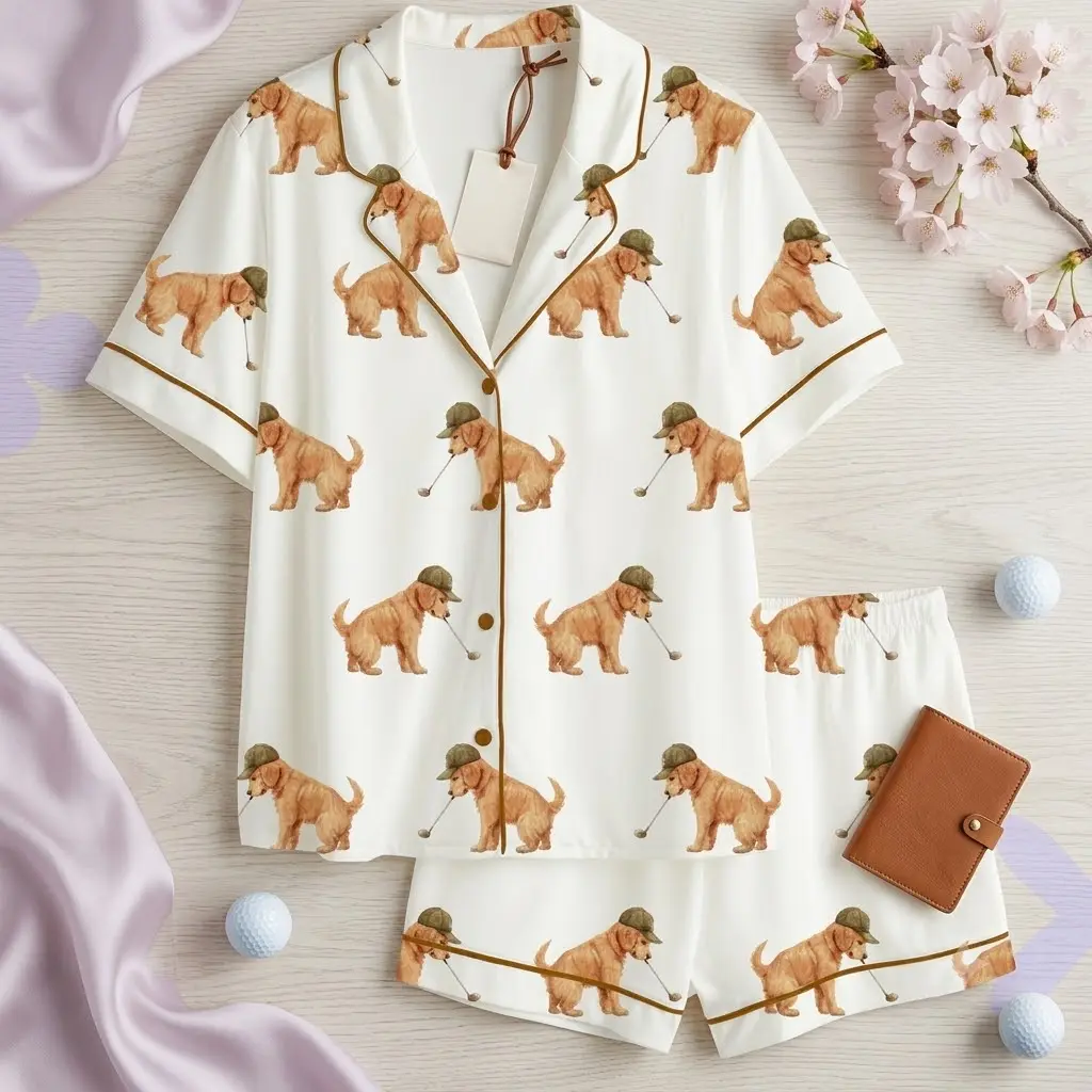 Golden Retriever Golf Pajama Set, Funny Dog Lover Sleepwear, Cute Preppy Golfing Set, Funny Golden Retriever Golf PJs, Soft Women Sleepwear Set, Cute Dog Mom Gift Lounge Set, Preppy Golfing Golden Retriever Sleepwear, Summer Loungewear for Dog Lovers
