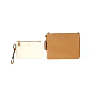 COACH Leather Zip-Around Clutch with Logo for Women in White and Brown