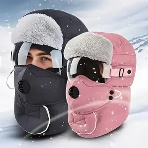 Winter Outdoor Cycling Hat Set with Ear Flaps, Thick Windproof Fleece Lei Feng Cap, Unisex New Ski Style, 2 Piece Pack