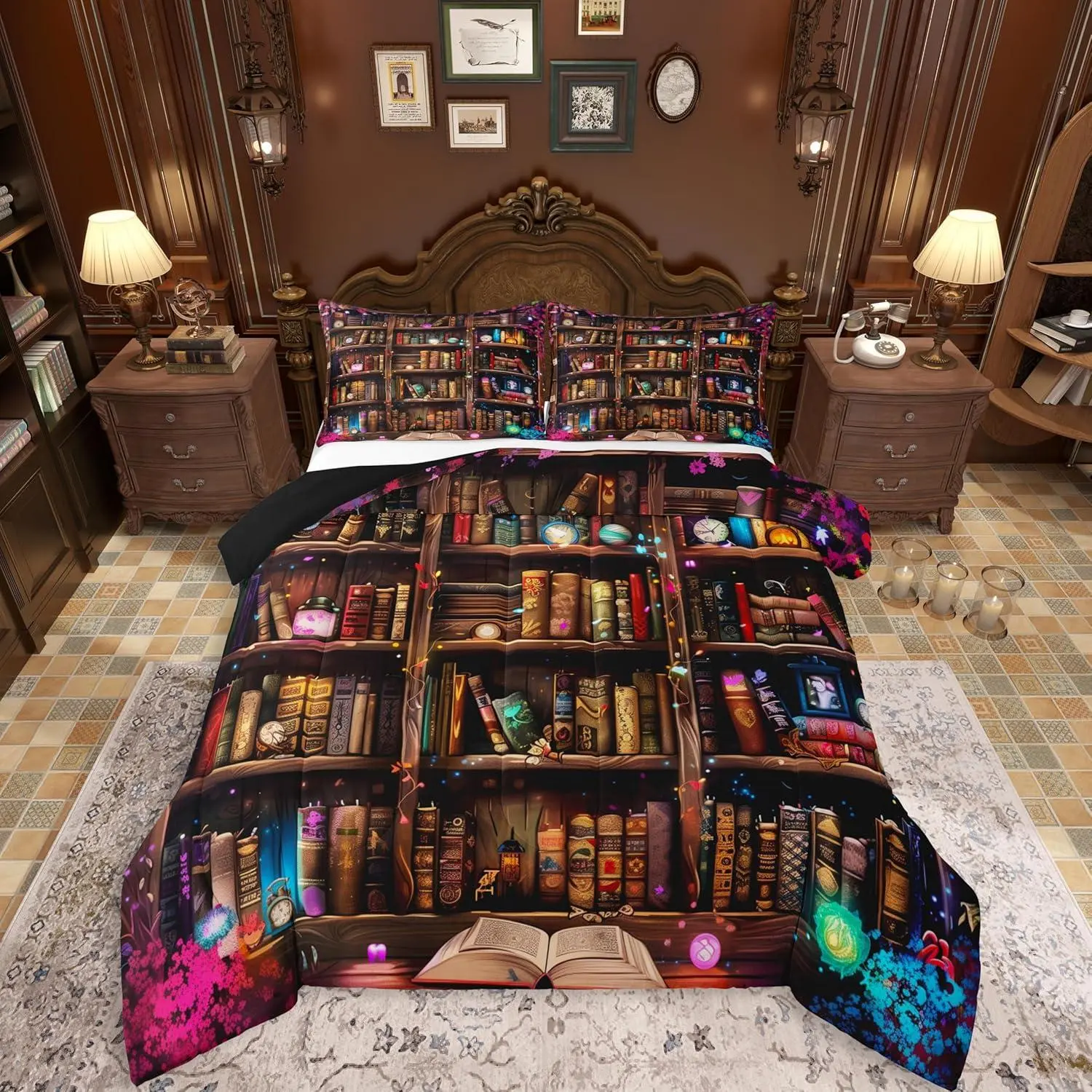 3D Library Books Comforter Set Abstract Brown Retro Wooden Stripes Bedding Set Adults Western Magical Mysterious Style Comforter Duvet Set