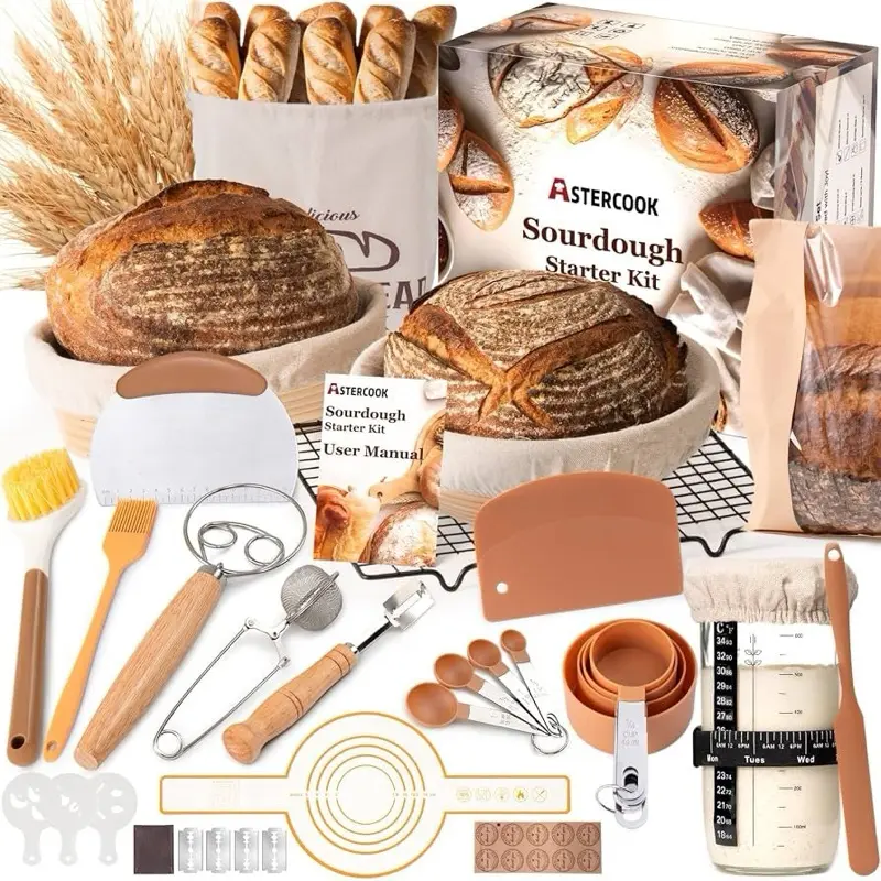 AC Sourdough Starter Kit with Round & Oval Banneton Bread Proofing Basket, Starter Jar, Dough Whisk, Scrapers, Stencils, Complete Sourdough Bread Baking Supplies, Fathers Day Gift for Men