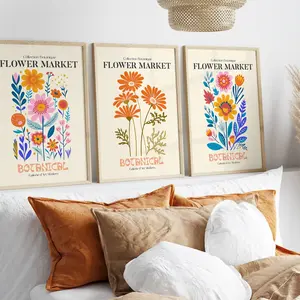 Flower Market Print, Set of 3 Botanical Wall Art, Floral Decor Danish Pastel Colour Posters,Vintage Exhibition Mid Century Modern Art Prints