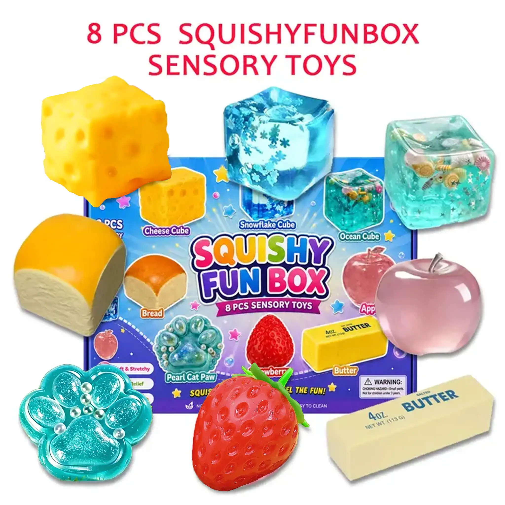 8-Piece Set  Malt Sugar Stress Relief Fidget Toys, Malt Sugar Slow-Rebound Fidget, Assorted Sensory Stress Relief Bundle, Perfect Party Favor & Holiday Present