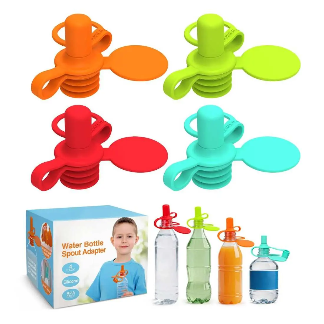 Water Bottle Spout Adapter, Silicone Water Bottle Adapter for Toddlers, Protects - No Spill & BPA Free (Mix - 4 Pack)