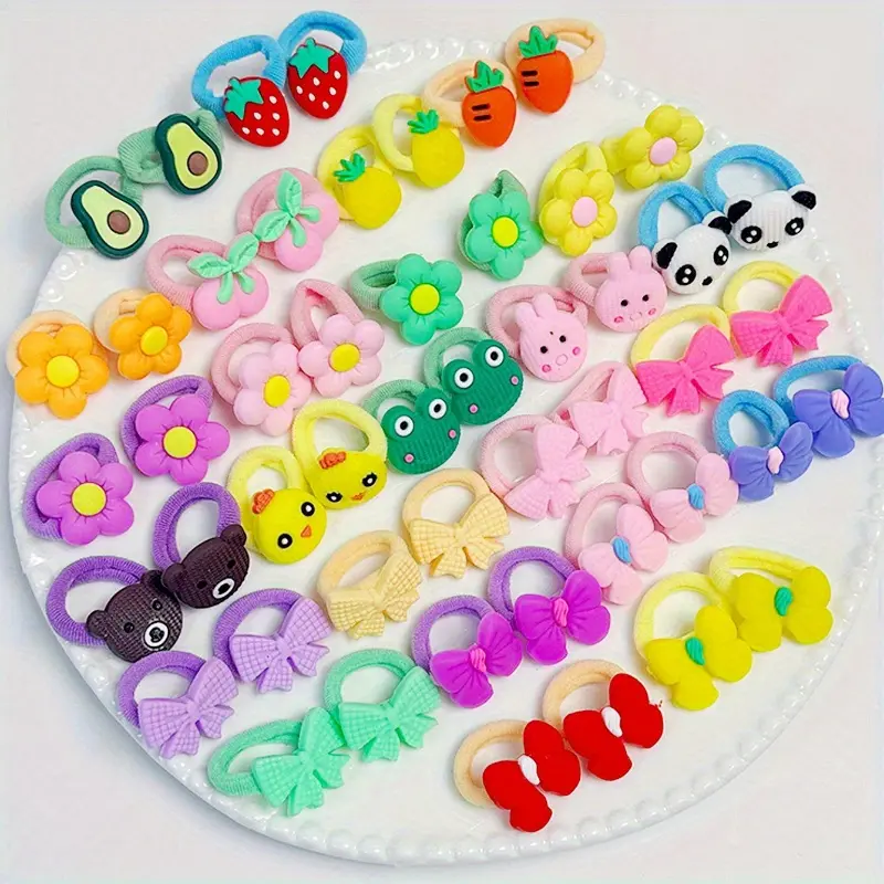 Kids' Cute Cartoon Resin Hair Tie & Scrunchie Set (10/20/30/50 Pieces) - Animal & Character Patterns, Playful Look, Casual Style, Daily Year-Round Wear, Teen Girls' Hair Accessories, Animals, Characters