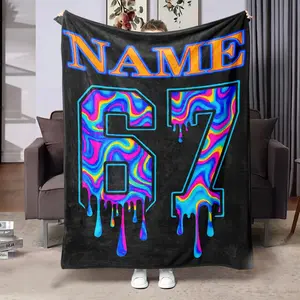 Customizable Name & Number 67 Trippy Drip Print Cooling Blanket for Couch Bed, Lightweight Plush All Season Nap Blanket, Portable Travel Camping Car Office Throw Blanket, Durable Wrinkle Resistant Printed Blanket, Ideal Personalized Streetwear & Teen Gift