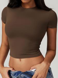 women's plain round neck crop sports tee, sporty casual tight-fitting short sleeve t-shirt for yoga workout running, ladies sportswear clothing, mitsy crop top, workout clothes women, soft tops, gym tees, athletic running tee, athletic style activewear