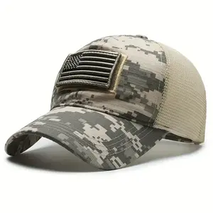 Tactical Camo Baseball Cap with Flag Patch - Quick-Dry, Breathable Polyester, Sun Protection, Adjustable Button Closure for Independence Day, Hiking, Fishing & Outdoor Adventures