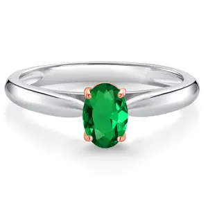 925 Sterling Silver and 10K Rose Gold Prongs Green Nano Emerald Solitaire Engagement Ring For Women (0.40 Cttw, Oval 6X4MM, Gemstone May Birthstone)