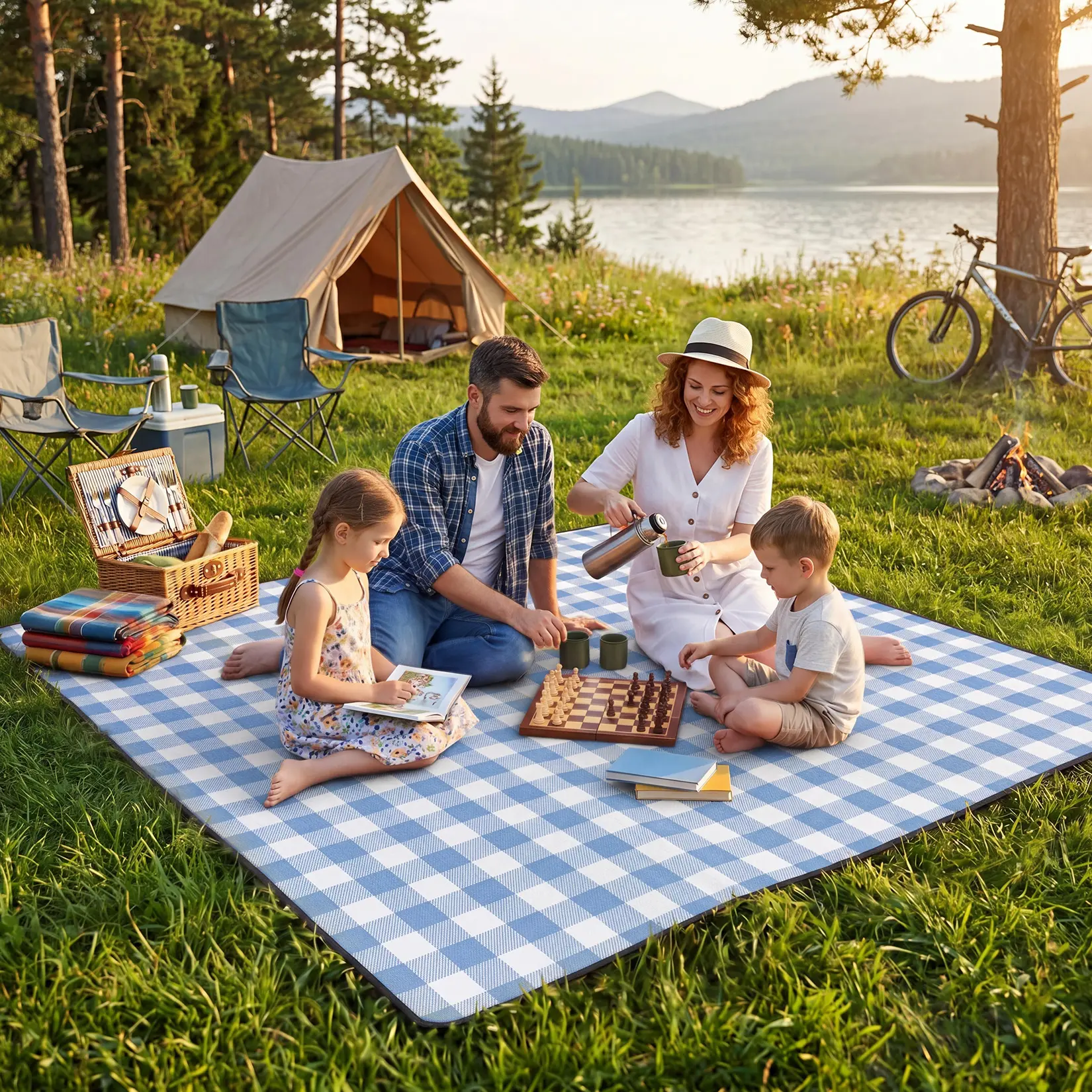 Oversized Waterproof Polyester Picnic Blanket (79"x79"), Unisex Foldable Green-White Checkered Outdoor Mat with Built-in Handle, Portable for 4-6 People, Easy-to-Clean for Beach Trips Backyard Fun