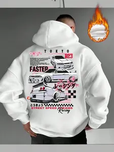 Unisex Tokyo Sakura Racing Print Fleece Hoodie, Japanese Jdm Car Culture Casual Loose Fit Warm Top, Streetwear for Fall & Winter
