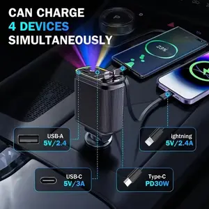 66w Four-In-One Metal Car Charger with Dual Extensible Charging Cables, Starry Sky Projection Lamp, USB PD Fast Charging Vehicle Charger