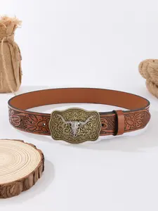 New Men's Western Cowboy Leather Belt with Buckle, Punk Vintage Rock Style Fashion Waistband, Trendy Casual Accessory