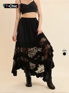 Rusttydustty Women's Black Lace Patchwork Ruffled Midi Skirt Elegant Vintage Asymmetric Hem boho easter beach outfits hawaii Coachella Music Festival Tropical vacation