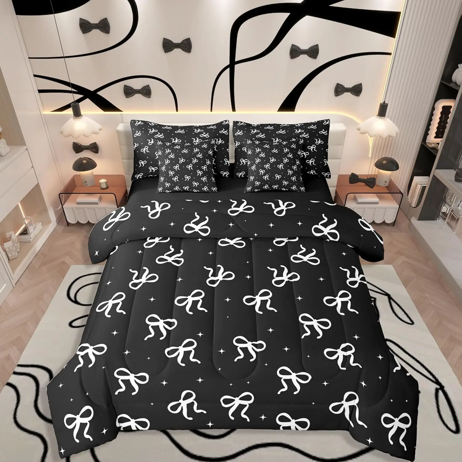 Feelyou 7-Piece Soft Warm Bedding Set Collections - Ultra-Soft Black and White Bow Print Girls' Coquette Comforter, Sheets, Breathable Blanket, Multi-Size Options for Halloween, Christmas, Thanksgiving, Valentine's Day