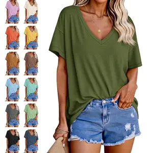 Imily Bela Womens Oversized Tshirts V Neck Short Sleeve Tops Summer Casual Loose Fit Tunic Tee Shirts