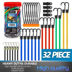 32-Piece Premium Bungee Cords with Hooks Includes 10 18 24 32 40 Heavy Duty Outdoor Elastic Rope 4 Pcs Canopy Tarps Clips Small Bungees Rope with Ball Mini Cords Carabiner Hook Storage Jar